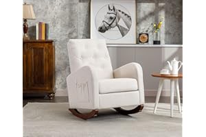 ANTETEK Modern Accent Rocking Chair, Upholstered Nursery Glider Rocker for Baby, Comfy Armchair with Side Pocket, Living Room Lounge Arm Chair, High Backrest with Decorative Buttons, Linen Fabric (Beige)