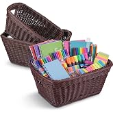 3 Pack Classroom Baskets Storage Rattan Baskets with Handles Desk Book Bins | Back to School Supplies, Plastic Stationery Document Envelope Organization Storage Bins for Teachers Classroom Library Office
