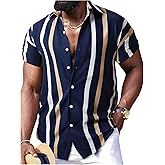 WDIRARA Men's Striped Button Front Short Sleeve Shirt Top Casual Shirts Collar Tops