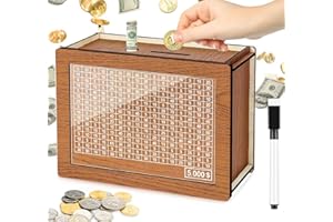 Kkluno 5000 Kakeibo Money Box, Wooden Money Saving Challenge Box Reusable Savings Box, Cash Vault Box Piggy Bank Smash Box Saver for Adults Kids Boys Girls