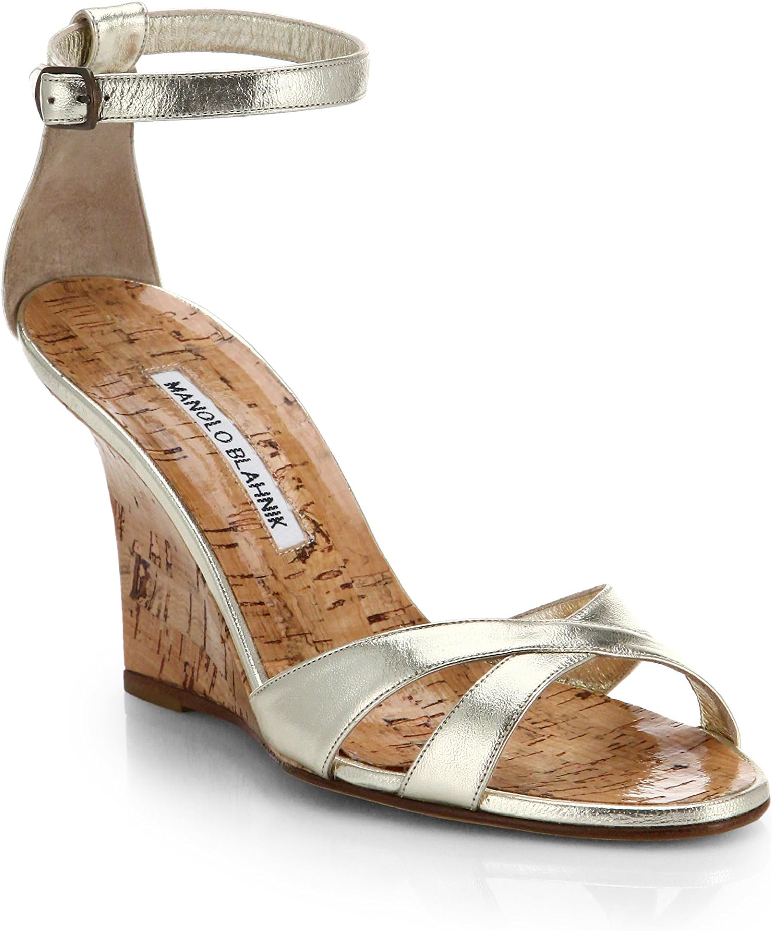 MANOLO BLAHNIK Women's Metallic Leather Wedge Sandals, Metallic Gold Size 9US/39EUR
