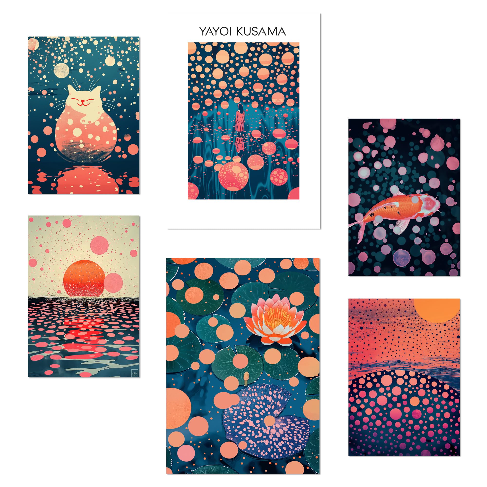 Nacnic Set of 6 Yayoi Kusama Sunset Water Blue Orange Red Purple Colors Janapise Posters with design illustration to decorate the walls of home. Rooms, office, shop, business. A3 & A4 size. Frameless