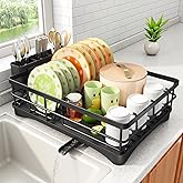 SAYZH Dish Drying Rack - Stainless Steel Dish Rack for Kitchen Counter, Large-Capacity Dish Drainer with Cutlery Holder, Kitchen Organizer for Dishes, Spoons and Forks, Black