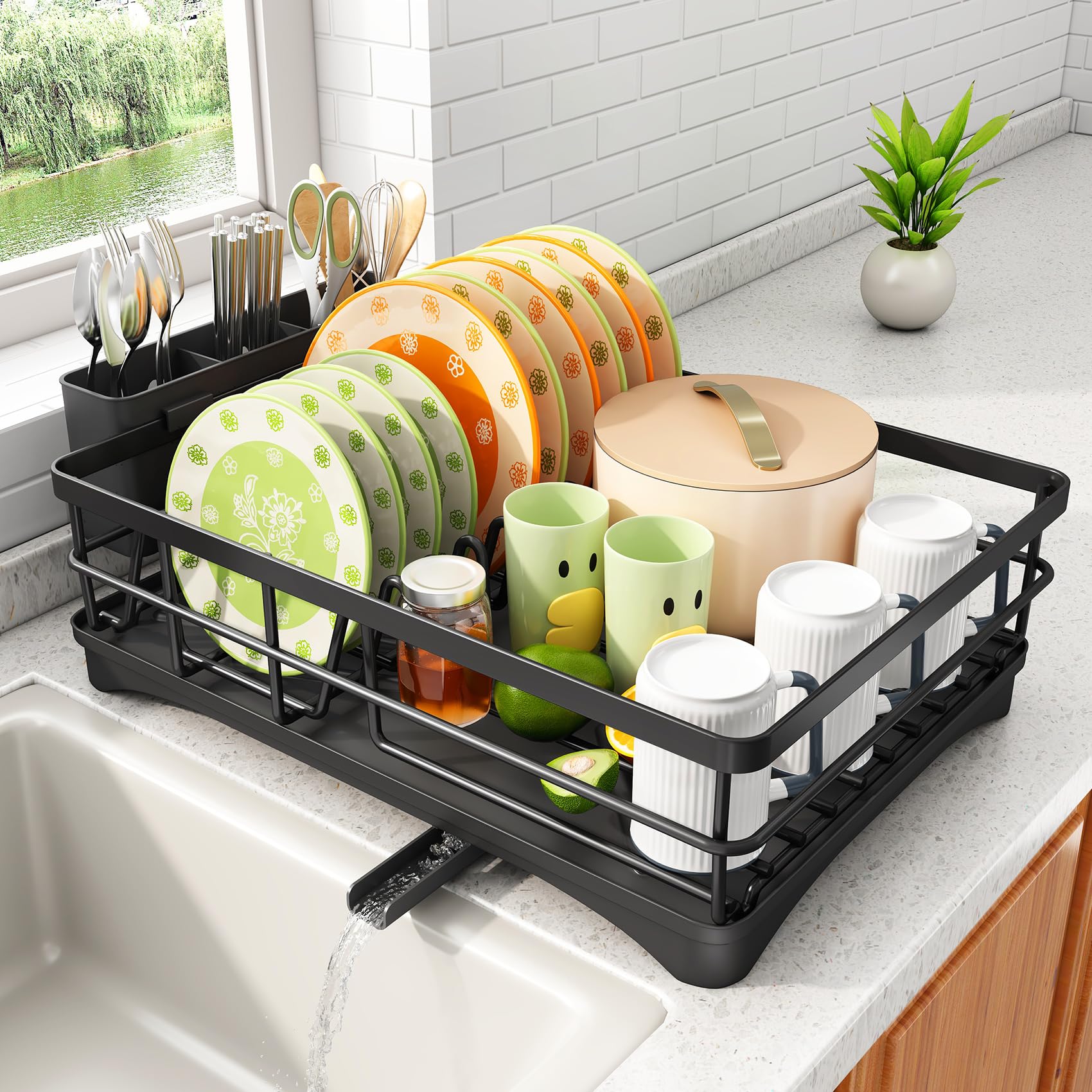 Photo 1 of Dish Drying Rack - Stainless Steel Dish Rack for Kitchen Counter, Large-Capacity Dish Drainer with Cutlery Holder, Kitchen Organizer for Dishes, Spoons and Forks, Black