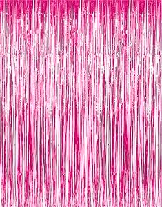GOER 3.2 ft x 9.8 ft Metallic Tinsel Foil Fringe Curtains for Party Photo Backdrop Wedding Decor (3 Pcs, Hot Pink)
