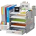 Marbrasse Desk Organizer with File Holder, 5-Tier Paper Letter Tray Organizer with Drawer and 2 Pen Holder, Mesh Desktop Organizer and Storage with Magazine Holder for Office Supplies (Silver)