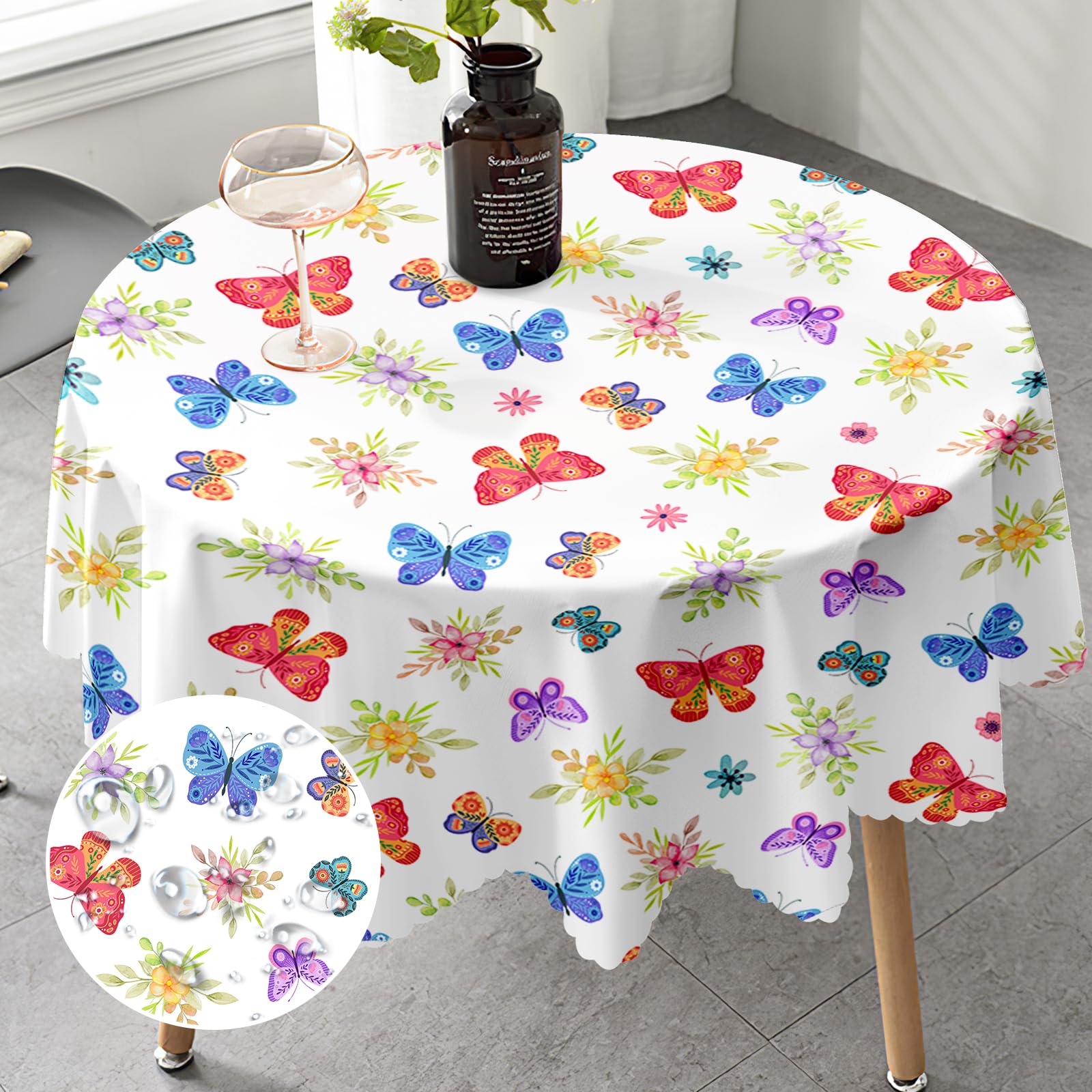 iEvery Round Tablecloth 150cm Butterfly Tablecloths Polyester Wipe Clean Table Cloth Water Resistance Table Cover for Home Dining Kitchen Party