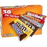 M&amp;M'S, SNICKERS, 3 MUSKETEERS, SKITTLES &amp; STARBURST Variety Pack Full Size Bulk Candy Assortment, 56.11 oz, 30 Bars