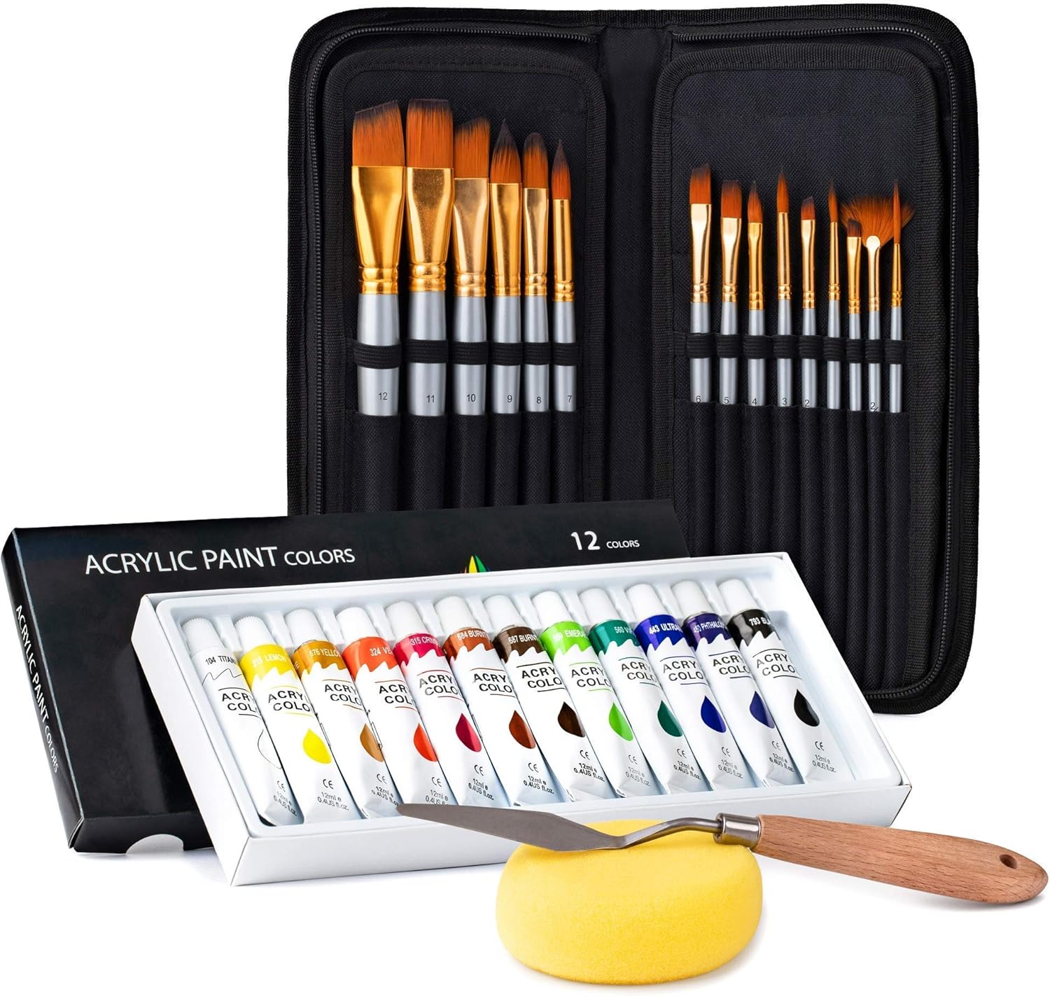 Acrylic Paint Brush Set With 15 Paint Brushes For Acrylic Painting And Bonus 12 Color Acrylic Paint Set