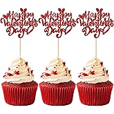 Ephlyn 24Pcs Happy Valentine's Day Cupcake Toppers Glitter Sweet Love Cupcake Food Picks Valentine Cupcake Topper for Happy Valentine's Day Birthday Party Cake Decorations Supplies Red
