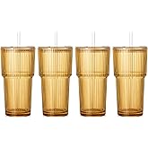 4PCS Amber Ribbed Glass Cups with Lids and Straws, 20oz Vintage Drinking Glasses, Aesthetic Iced Coffee Cups, Glass Tumbler for Boba, Beer, Tea, Cocktails, Ribbed Glassware Set,Amber Brown Glass Cup