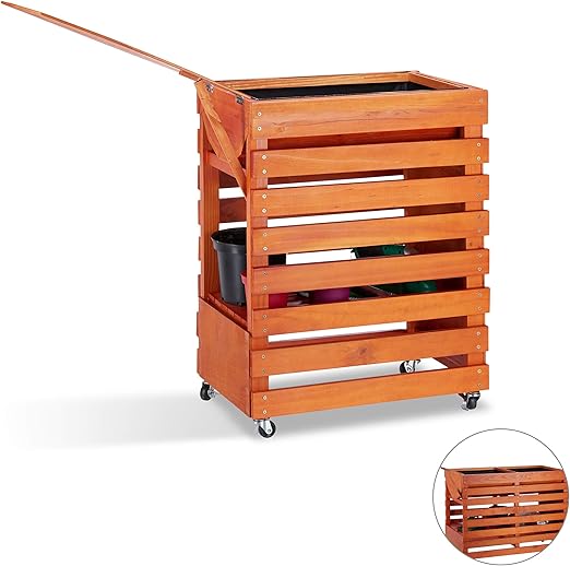 Relaxdays, Marrón Huerto Urbano de Madera, con Ruedas, Tapa ...