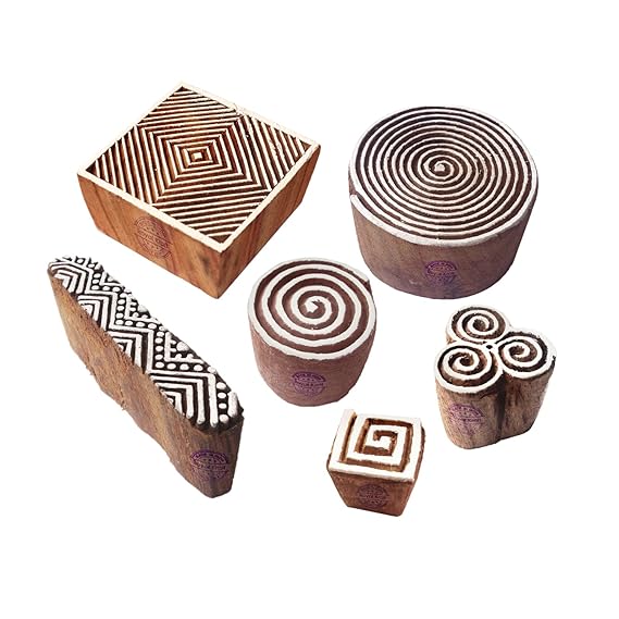 Royal Kraft Indisch Motif Spiral und Finger Hölzern Stempel für Drucken (Set von 6)