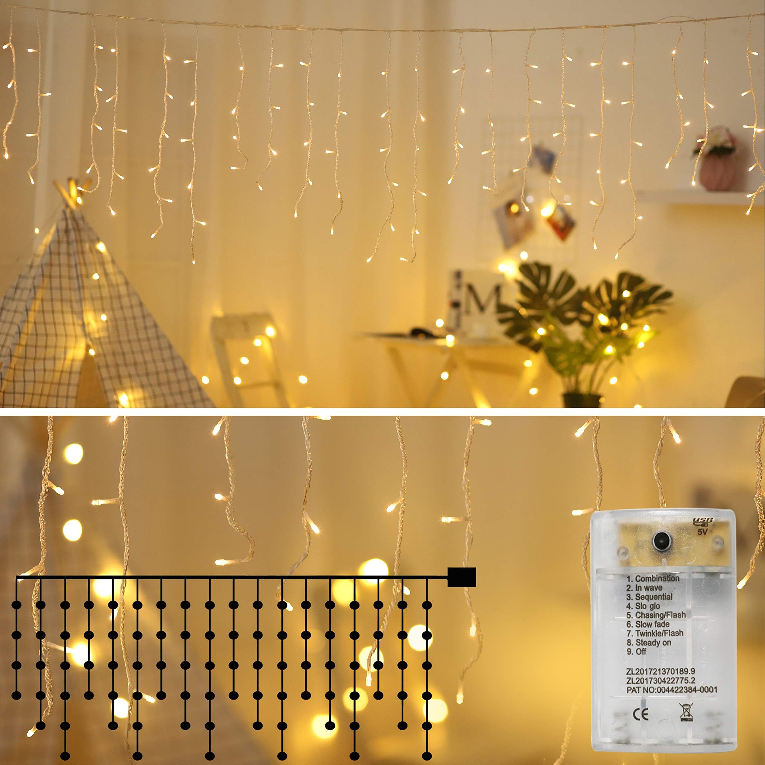 ZhuohaoLED Icicle Lights,10Ft 90 LED Window Curtain String Light,8 Modes USB Battery Operated,Waterproof Fairy String Lights for Indoor Outdoor Wedding Party Home Garden Wall Decorations,Warm White