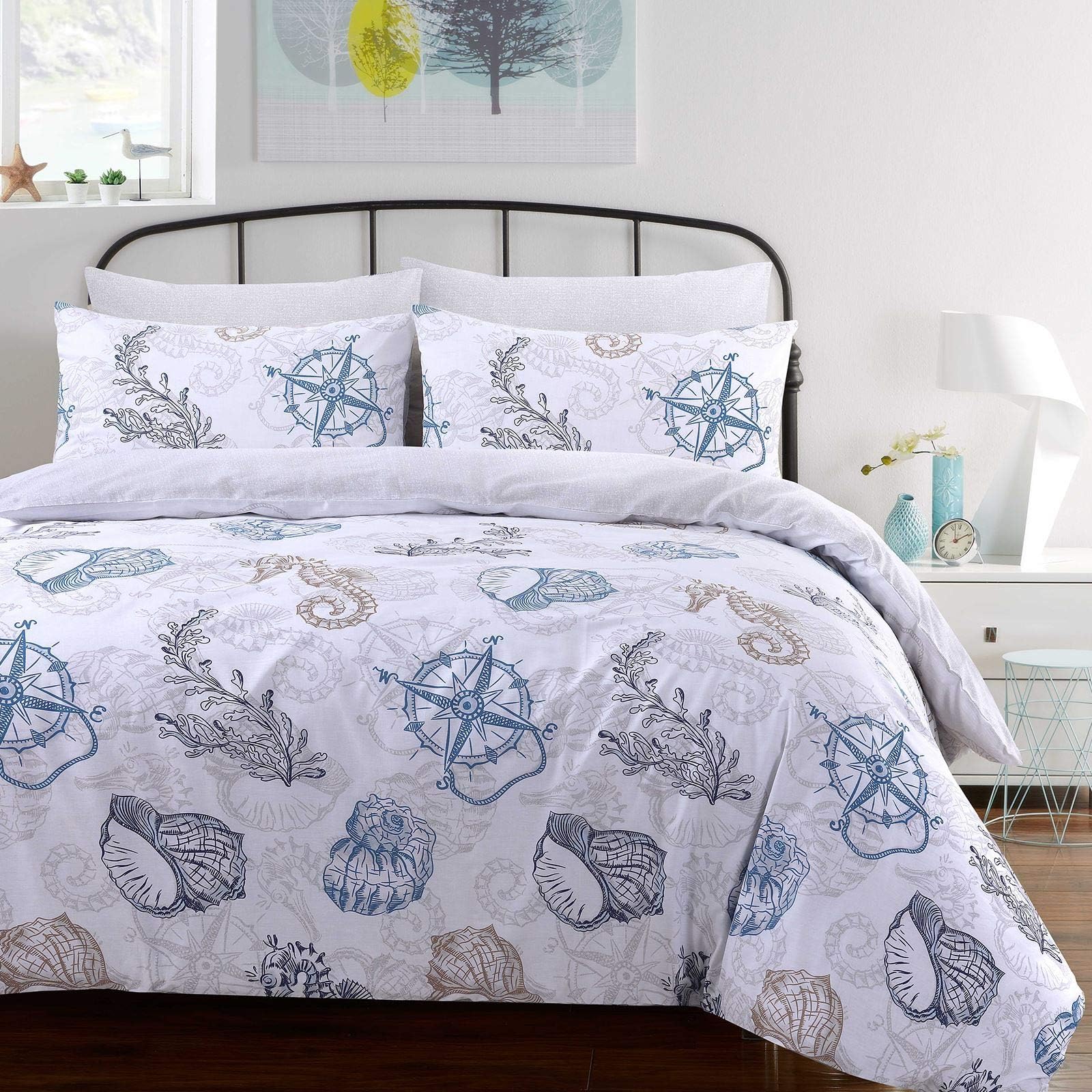 Nimsay Home Seafarer Nautical Marine Life Seashells Compass Seahorse Seaweed 100% Cotton Quilt Duvet Cover Bedding Set (Super King)