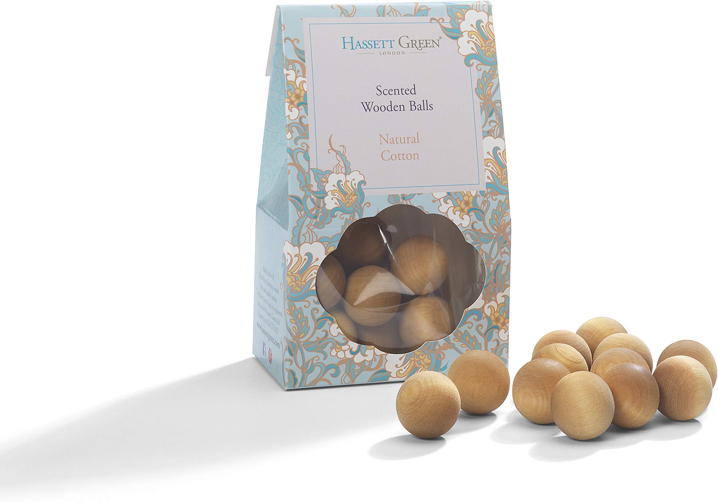 Hassett Green London - Natural Cotton - Scented Wooden Balls Pack of 12 with Oil and Vase - Alternative to Pot Pourri, Diffusers, Sachets and Drawer Liners