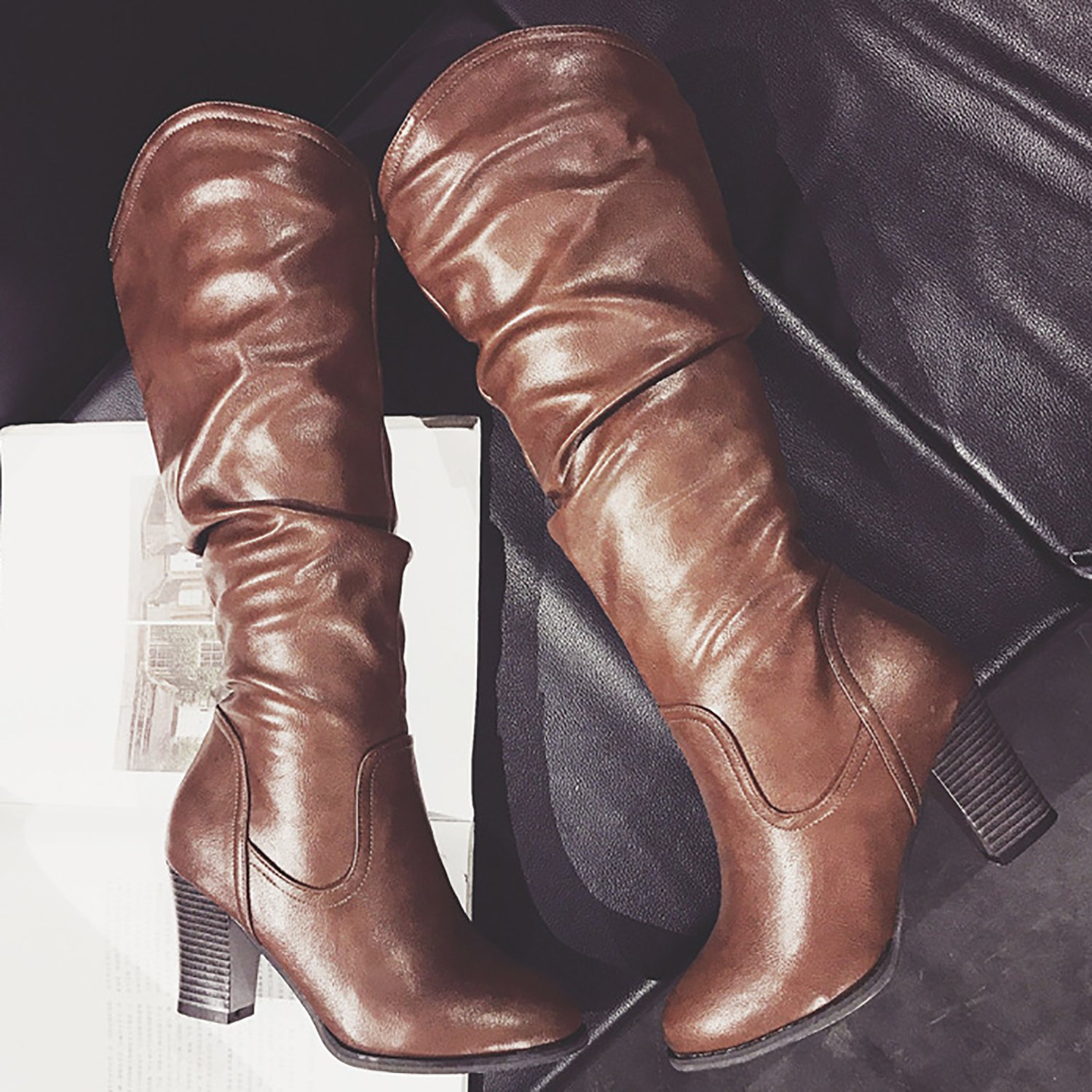 Odema Women's PU Leather Block Chunky High Heels Mid-Calf Slouch Riding Boots Brown - Image 4