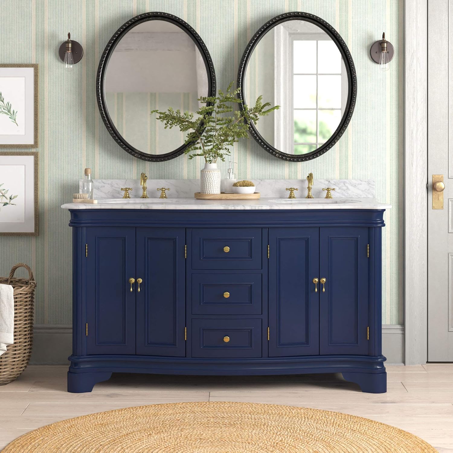 Amazoncom Katherine 60 Inch Double Bathroom Vanity Carrara Royal Blue Includes Royal Blue Cabinet With Authentic Italian Carrara Marble Countertop And White Ceramic Sinks Kitchen Dining