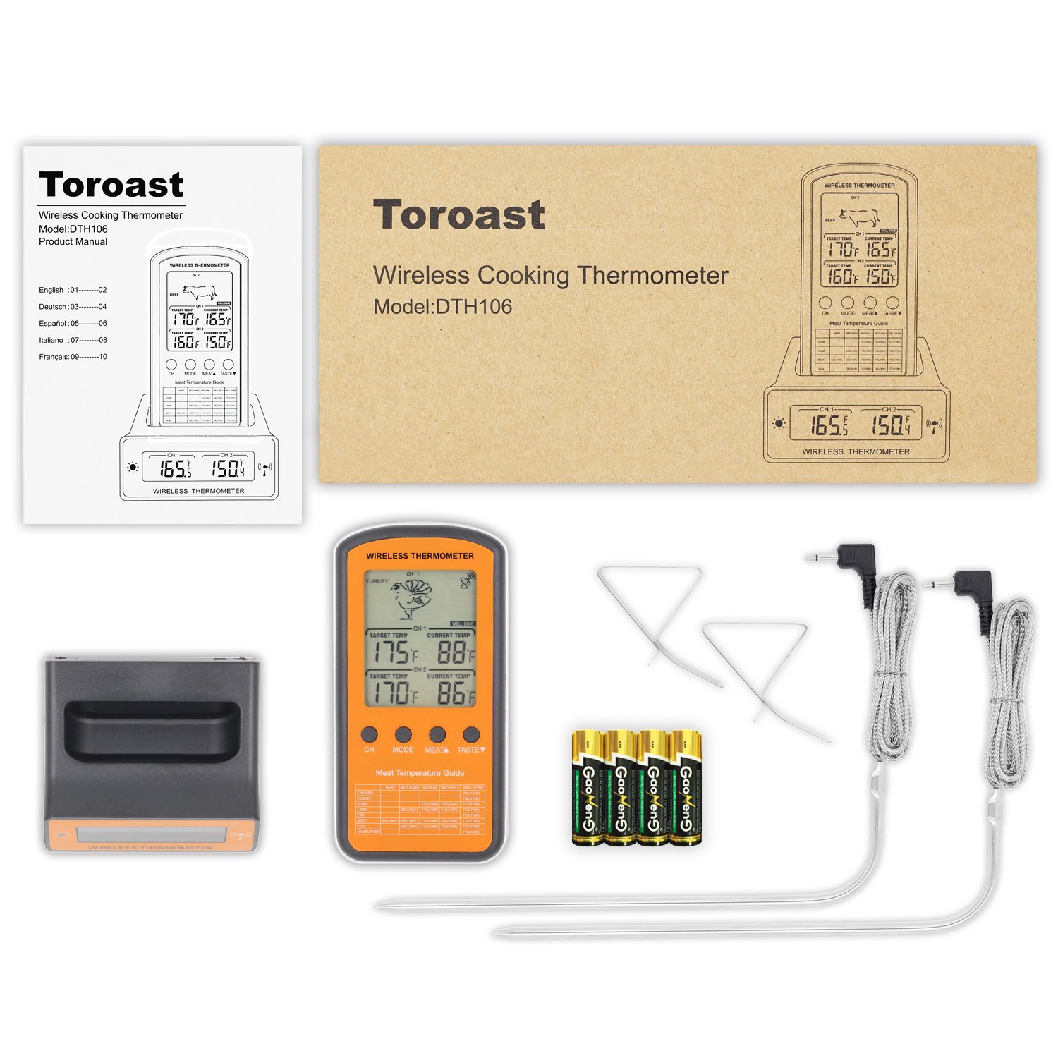 TOROAST Barbecue Backofen Grillthermometer, BBQ Bratenthermometer, Fleisch Küche Thermometer mit Temperaturalarm, Dual Edelstahl Fühler, °C und °F einstellbar, Batterien enthalten