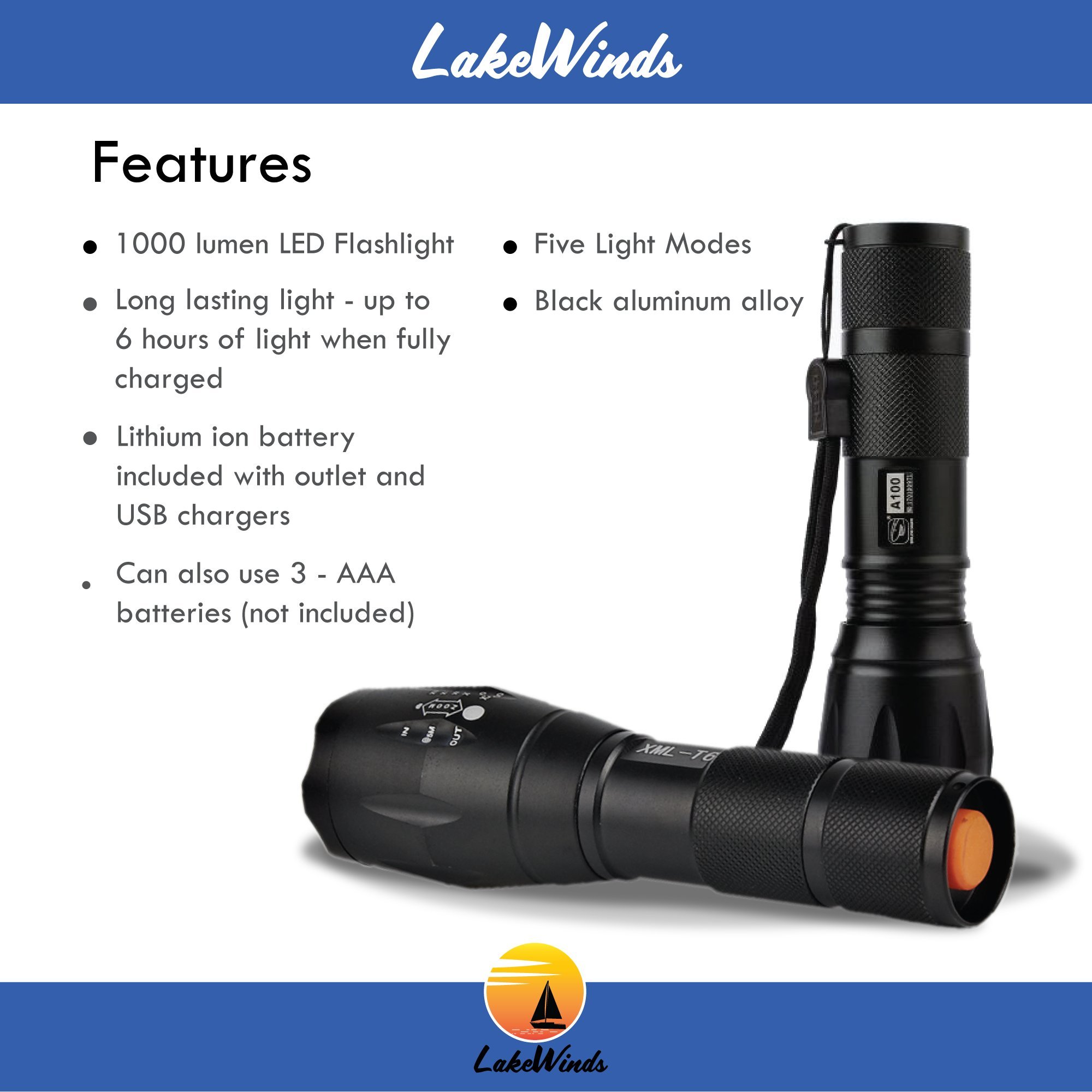 Lakewinds 1000 Lumen LED - High Powered Rechargeable Adjustable Tactical Flashlight - Five Focus Modes - Shock Resistant - Water Resistant - 600 Foot Light Range