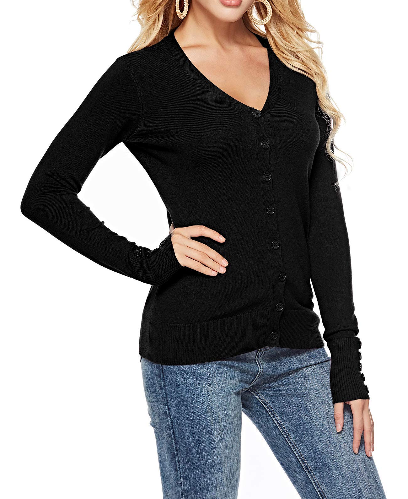 THANTH Womens V Neck Long Sleeve Button Down Knit Cardigan Sweater Black XL