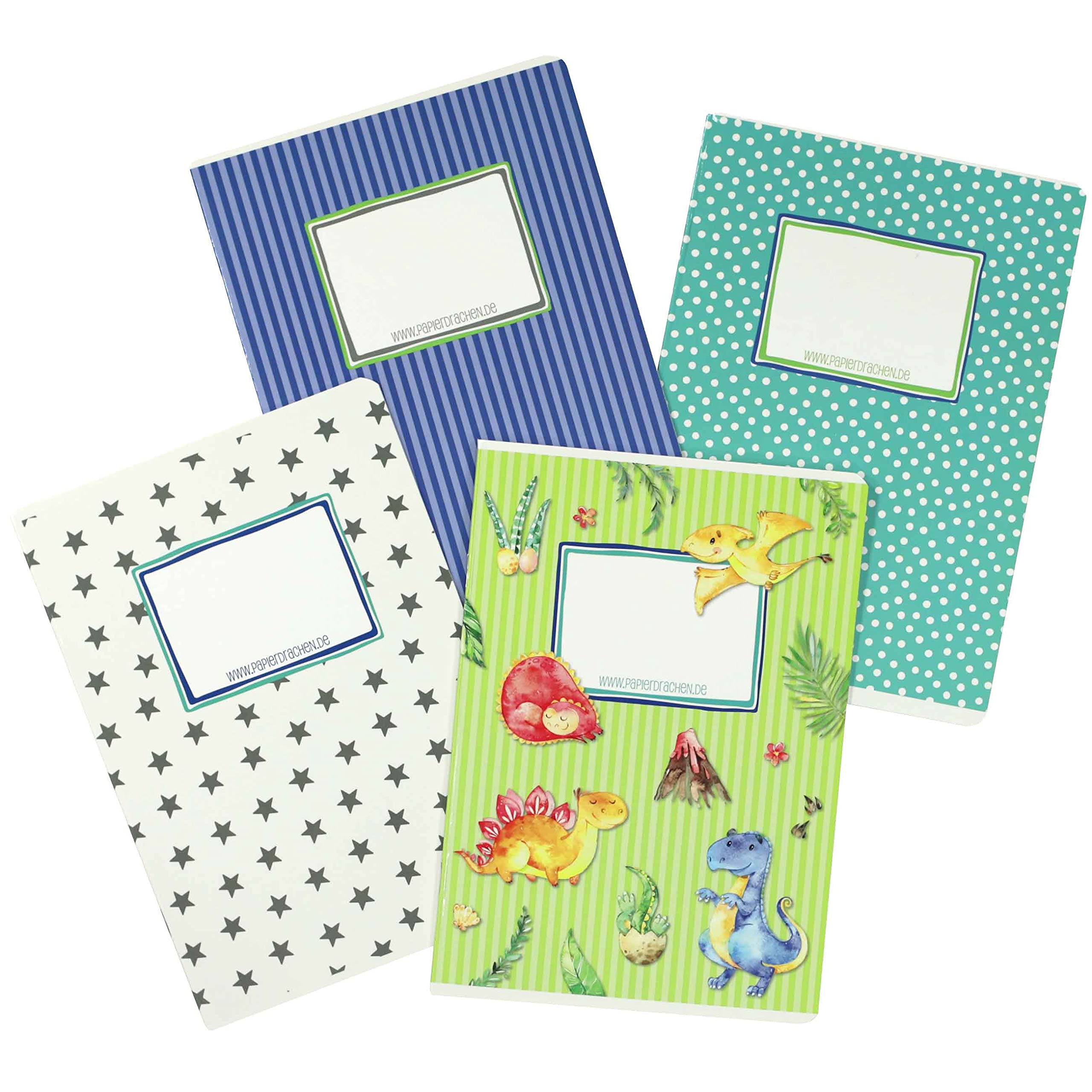 Papierdrachen 4 exercise books for children DIN A5 | lined and squared 32 pages - design dino - for primary school enrolment - set number 4-16 sheets