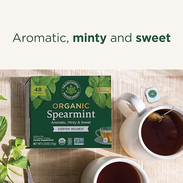TRADITIONAL MEDICINALS TEA, ORGANIC SPEARMINT, SUPPORTS EVERYDAY WELLNESS, HEALTHY & REFRESHING – 48 TEA BAGS