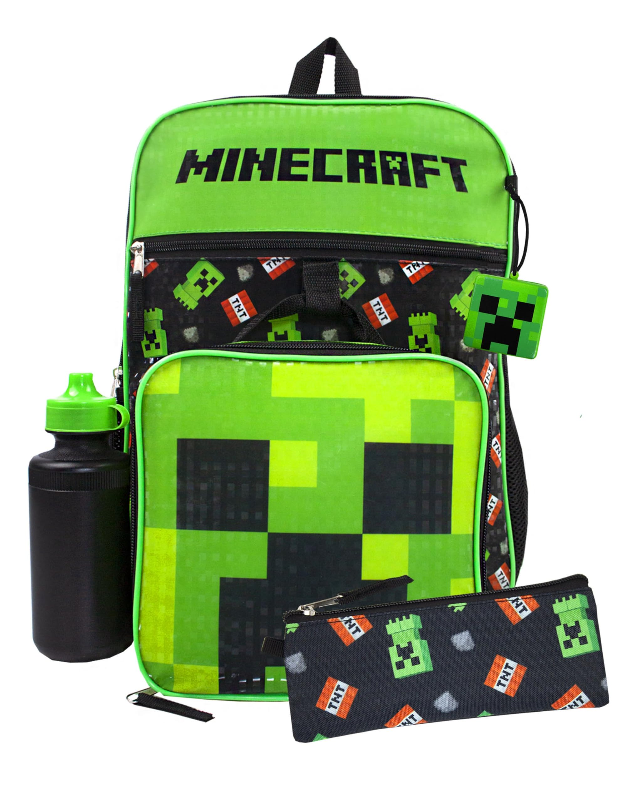 Minecraft Creeper Backpack | Boys Creeper TNT 5 Piece Set | Gamer Rucksack Pencil & Case Bottle One Size