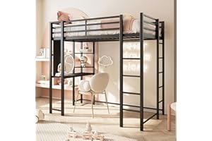 SUNLEI Metal Loft Bed with Desk, Full Size Loft Bed with 2 Built-in Ladders & Safety Guard, Noise Free for Small Bedroom, Black