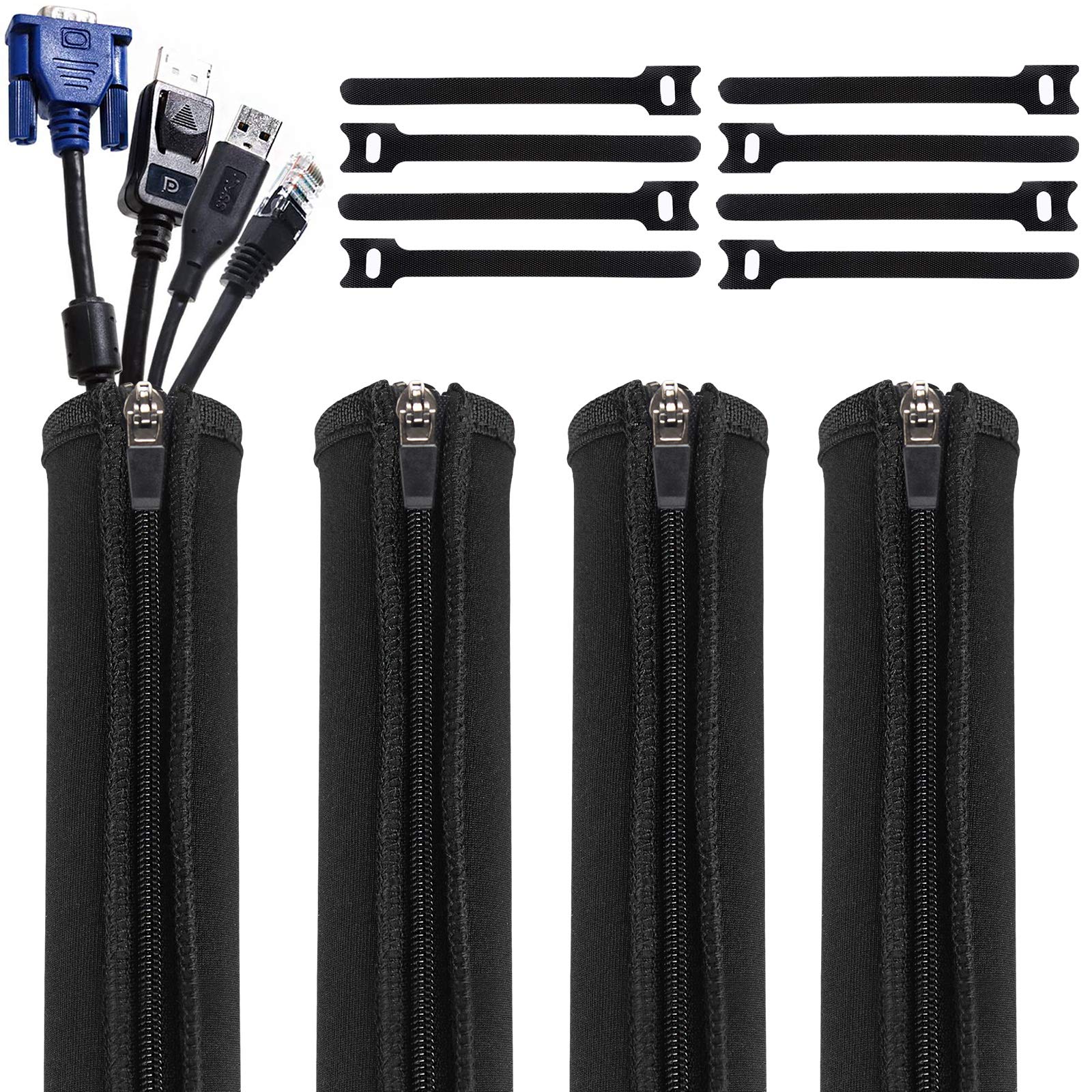 Geekria 4 Pack Cable Management, Wire Management with 8 Pieces Cable Ties, 20 Inch Cord Management with Zipper for TV/Office/Home Entertainment/Computer, Desk Cable Management (Black)