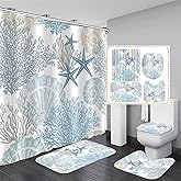 Nkzply 4 Pcs Beach Shower Curtain Blue Bathroom Sets with Shower Curtain and Rugs Ocean Shower Curtain Set Starfish Bathroom Decor Accessories Seashell Bathroom Rug Set Nautical Toilet Lid Cover Hooks