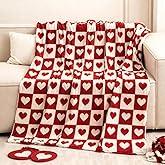 Canchiing Valentine's Day Knitted Throw Blanket 50 x 60 Inch Red and White Buffalo Plaid Checkered Love Heart Blanket Home Decor Fluffy Microfiber for Wedding Anniversary Party Gift Bed Sofa Chair