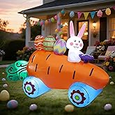 Sancodee Easter Inflatables Outdoor Decorations, 6 FT Long Inflatable Bunny on Carrot Cart with Easter Eggs, Easter Blow up Yard Decorations for Indoor Outdoor Garden Lawn Holiday Party Decor