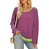 Sidefeel Womens Color Block Tops Casual Long Sleeve Shirts Oversized Crewneck Striped Pullover Shirts