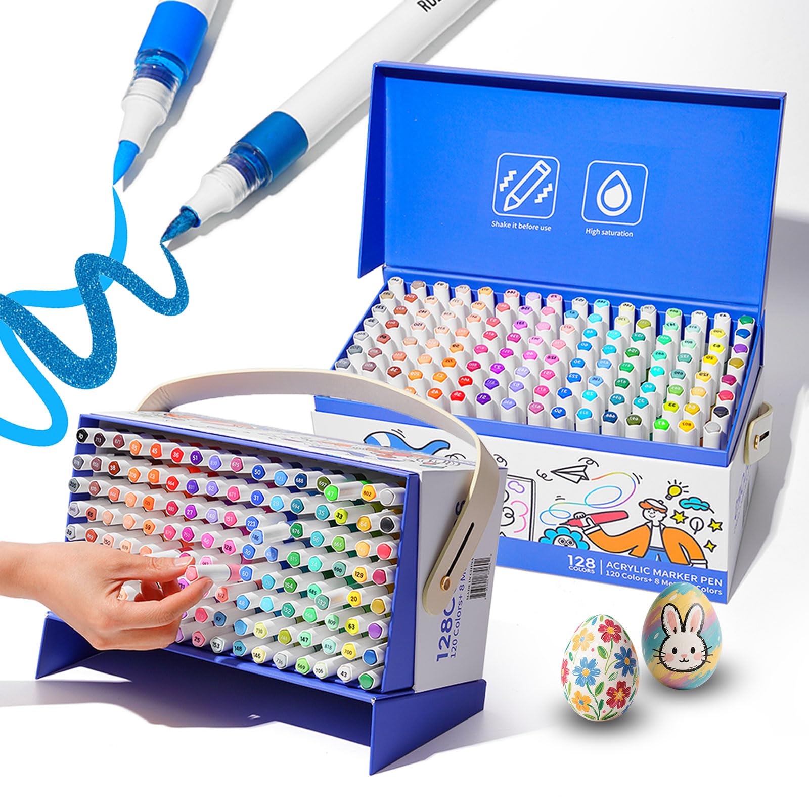 Photo 1 of ROSYMENG Acrylic Paint Markers, 120 Colors + 8 Metal Colors - Large Ink Capacity, High Coverage with Brush Tip Acrylic Paint Pens, Suitable for Wood, Glass, Rock, and Fabric - Student School Supplies