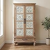 LKTART 55" Tall Carved Accent Cabinet,Solid Wood Sideboards Buffet Cabinet | French Country Narrow Carved Accent Storage Cabinet,Solid Fir Wood Sideboards Buffet with Drawers for Entryway,Living Room