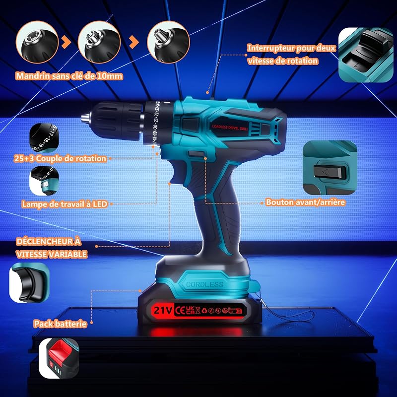 Perceuse Visseuse Sans Fil 21V Avec Batterie 4000mAh, 45Nm de couple max 25+3 positions de couple (2 vitesses & LED), 2 batteries 2,0Ah et chargeurpour la maison et le jardin projet DIY (Bleu)
