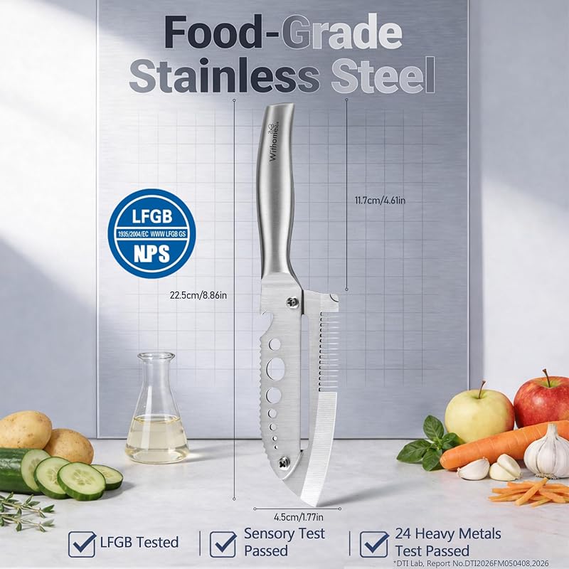 Pelapatate e Pelaverdure 7 in 1 in Acciaio Inox per Cucina, Pela Patate e Verdure con Spelafoglie per Erbe, Squamatore per Pesce, Solleva-Coperchio, Apribottiglie, Destrimani — foto 6 di 6