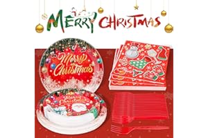 ENERJARY Christmas Party Supplies Serves 24, Christmas Paper Plates, Xmas Dessert Plates, Napkins, Forks 96 Pcs, Disposable Dinnerware Tableware Set for Merry Christmas Dinner Party