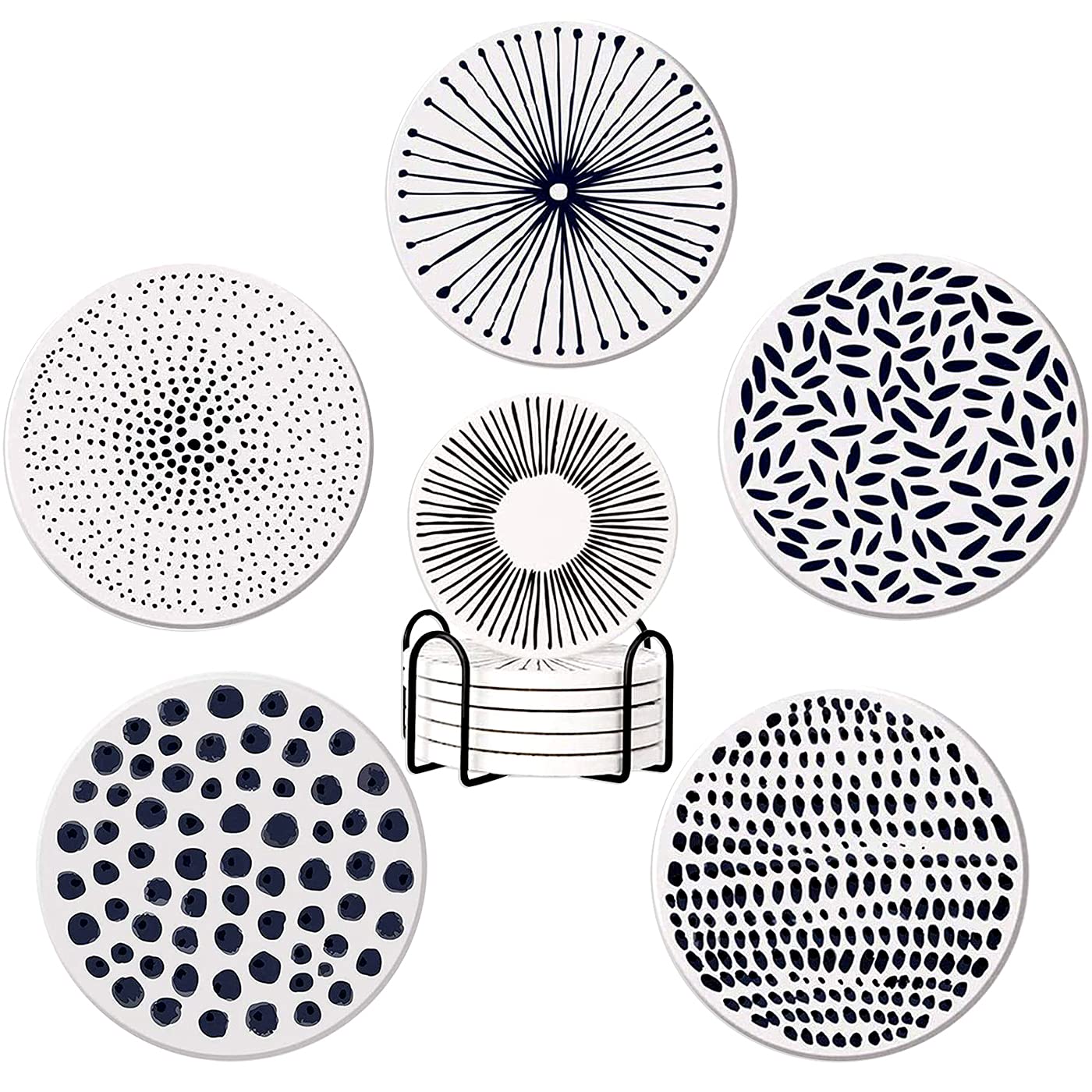 YumSur Ceramic Coasters, 6 Pcs Absorbent Coasters with Cork Holder, Ceramic Coaster with Metal Holder, Coasters for Home, Office, Bar