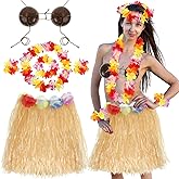 Hlimior 6 PCS Coconut Bra Hawaiian Grass Hula Skirt Costume Set, Flowers Dance Leis Outfits