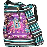 TribeAzure Elephant Hobo Shoulder Bag Cotton Sling Crossbody Handbag Boho Hippie Books Market Spacious Colorful Roomy Casual