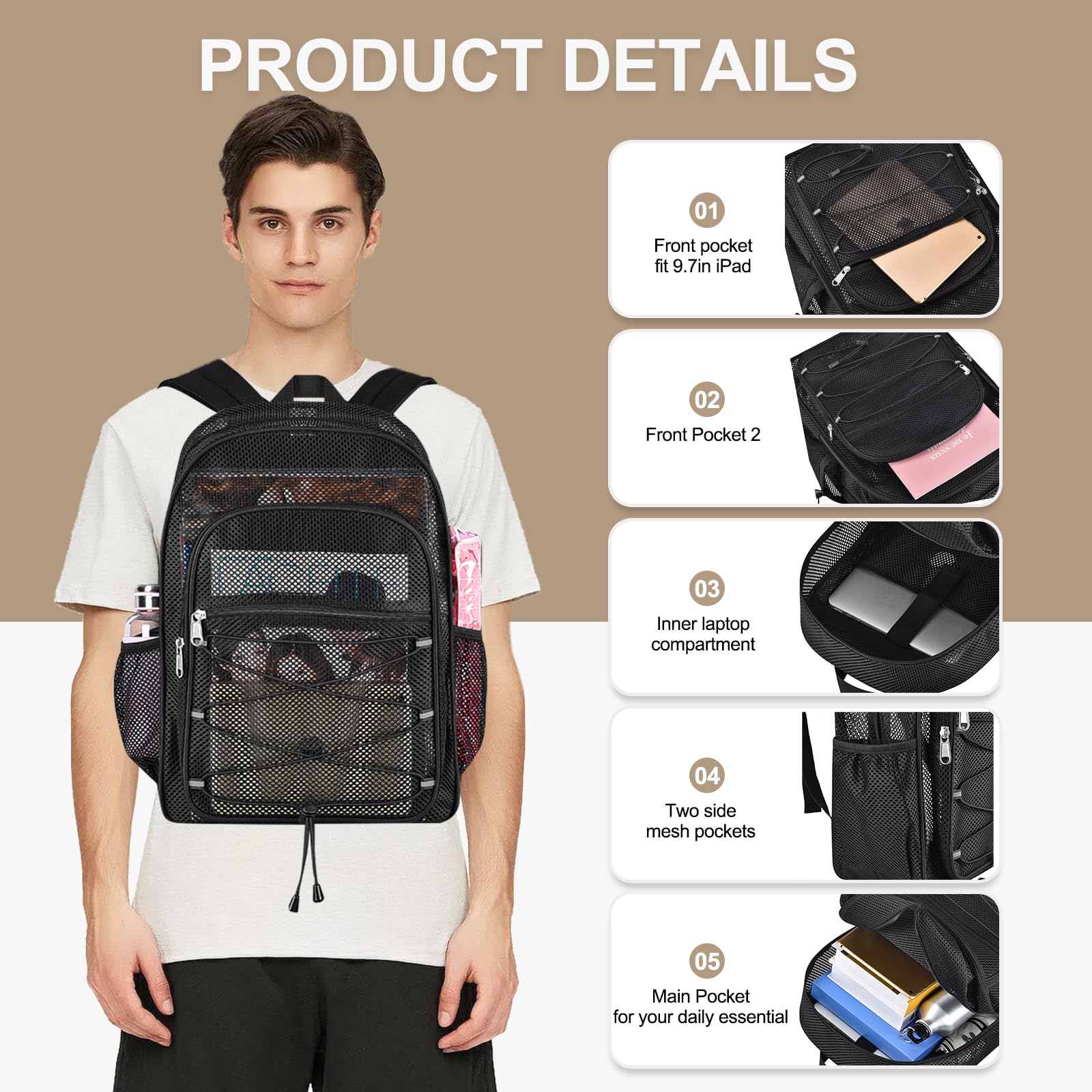 Busiuw Heavy Duty Mesh Backpacks for Adults, Mesh School Bags for Boys and Girls, See Through School Bags with Adjustable Straps for Swimming, Fitness, Sports, Carry Portable Oxygen Concentrators