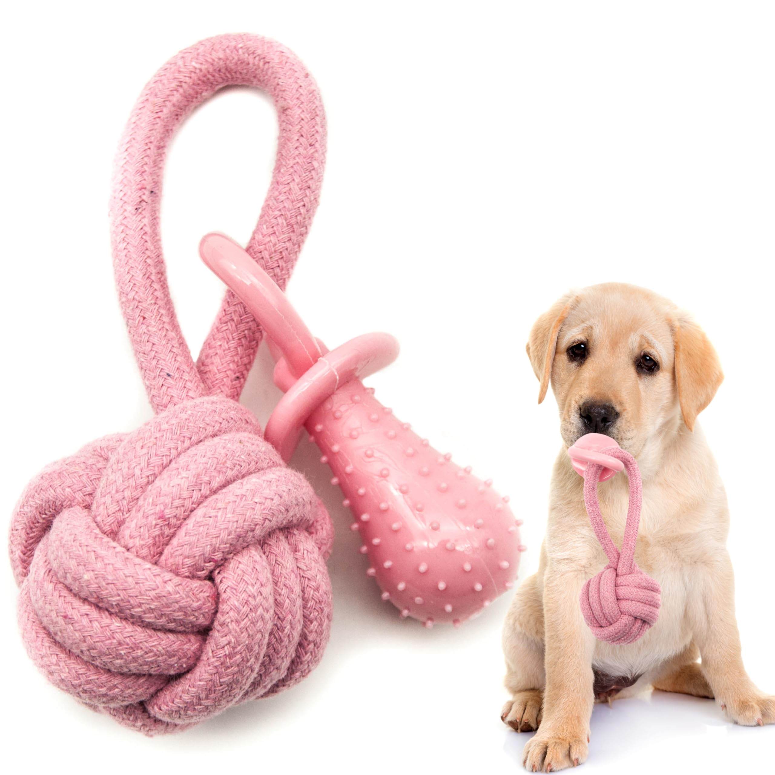 Petopedia 2 in 1 – Braided Knot Balls for Dogs with Dummy – Puppy Chew Toys, Rope Toys, Washable Interactive Toys for Boredom, Training, Teething (Pink)