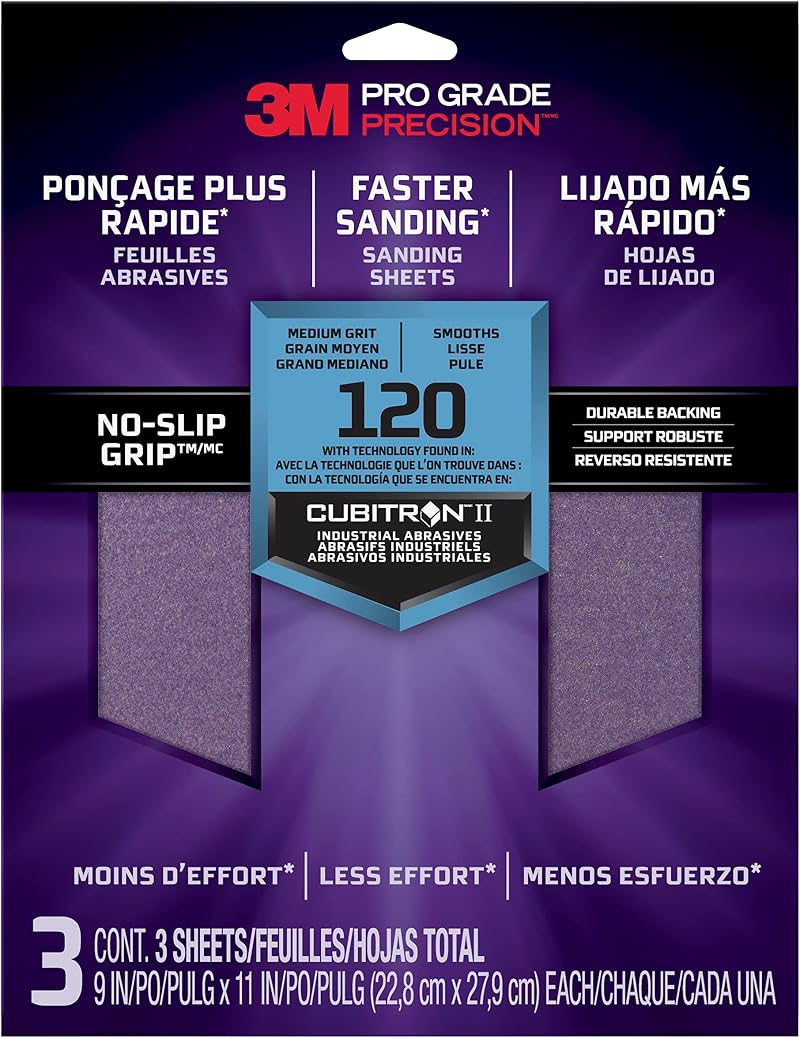 3M Pro Grade Precision 120 Grit Sanding Sheets 3pk Medium Wet Dry 22.8x27.9cm