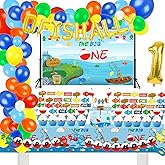 155 Pcs O Fish Ally 1 Birthday Party Decorations, Gone Fishing Balloon Garland Kit, The Big One Backdrop, Ofishally One Cake Cupcake Topper, Little Fisherman/Fishing Theme 1st Birthday Party Supplies