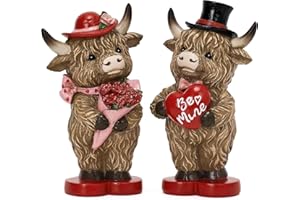 Valery Madelyn 2Pcs Valentines Highland Cow Decor, Cute Romantic Brown Calf Resin Handmade Figurines for Tiered Tray Table Home Decor, Valentines Gifts for Him Her Wedding Anniversary, 4 Inch