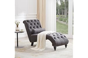 Iroomy Button-Tufted Chaise Lounge Indoor with Solid Wood Legs & Support Pillow, Upholstered Chaise Lounge Chair for Bedroom Living Room Office, Armless Rolled Backrest Leisure Sofa Recliner-Dark Grey