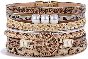 FANCY SHINY Tree of Life Leather Wrap Bracelet Inspirational Cuff Bangles Boho Pearl Bracelets with Magnetic Clasp Unique Jewelry Stocking Stuffers Christmas Gifts for Women