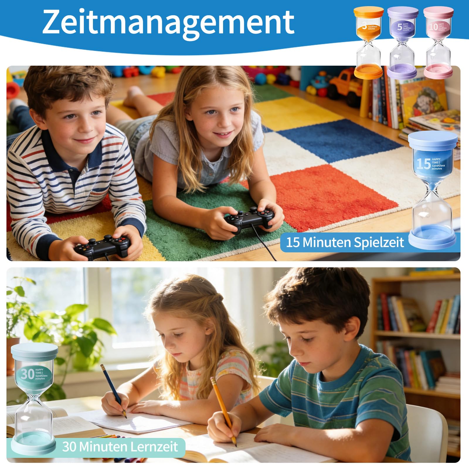 5 Stück Sanduhren Set für Kinder, Sanduhr Set Kinder, 5 Macaron Farben, 3/5/10/15/30 Minuten Buntes Sanduhren, Zeitmesser Sanduhr, für Küche, Office Deko,Kinderleben 4